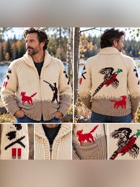Vintage Handmade Hunting Sweater Cardigan – Pheasant & Dog – Cowichan Style